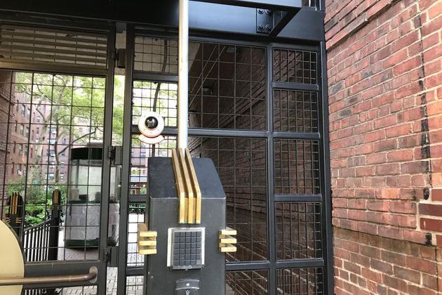 The facial recognition camera at one of Knickerbocker Village's courtyard entrances.